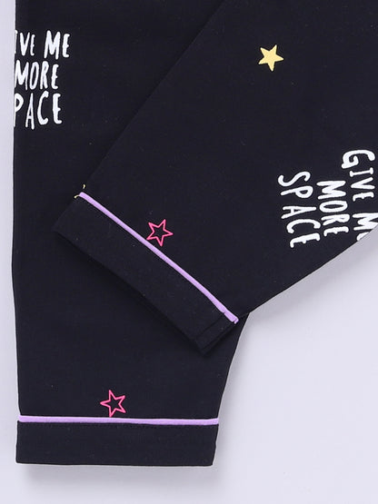 Black Cotton Knitted Typography Full Sleeve Night Suit