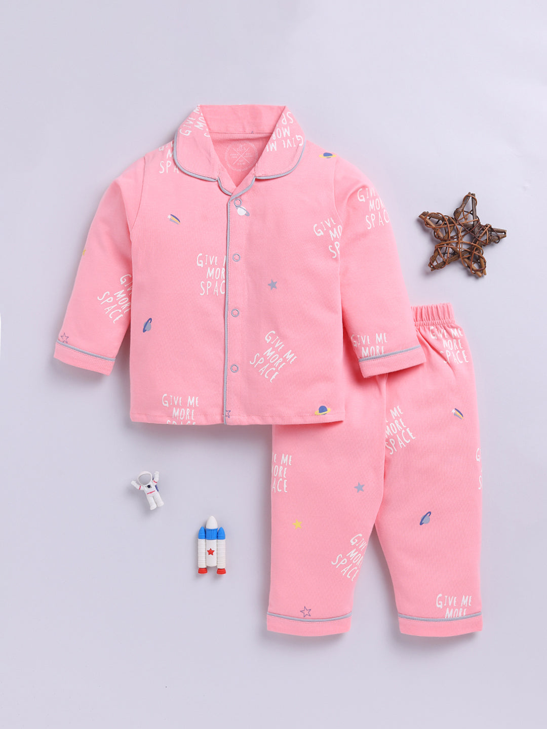 Pink Cotton Knitted Typography Full Sleeve Night Suit