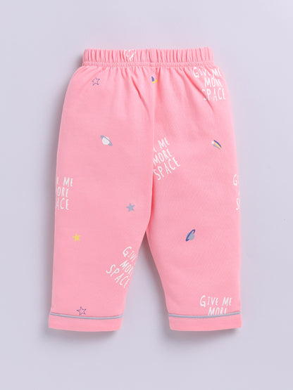 Pink Cotton Knitted Typography Full Sleeve Night Suit