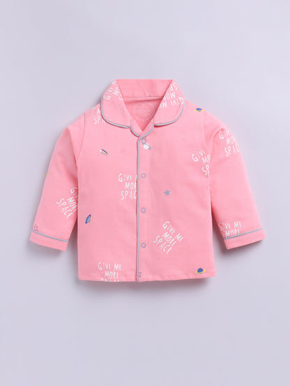 Pink Cotton Knitted Typography Full Sleeve Night Suit