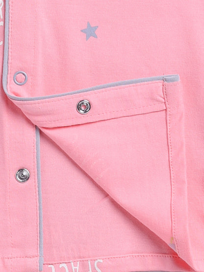 Pink Cotton Knitted Typography Full Sleeve Night Suit