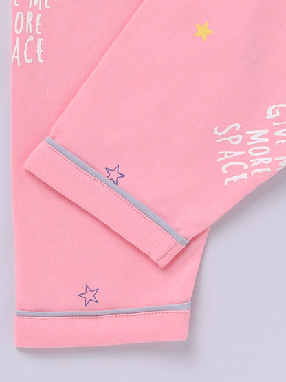 Pink Cotton Knitted Typography Full Sleeve Night Suit