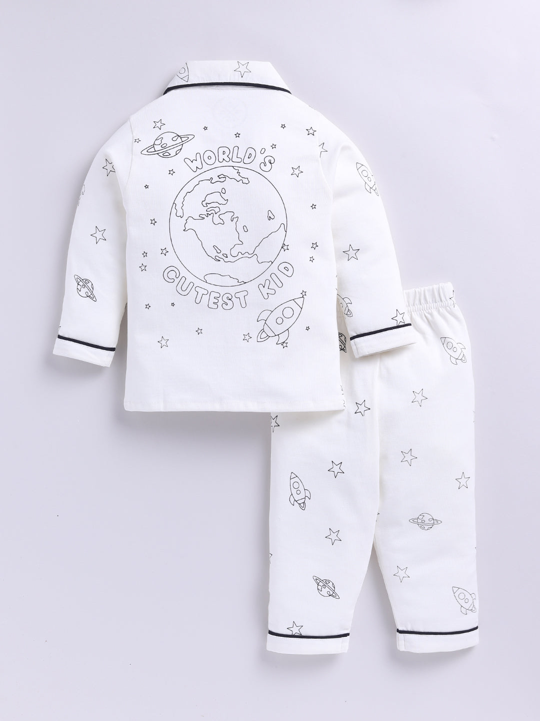 Off-white Cotton Knitted Typography Full Sleeve Night Suit