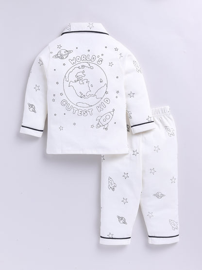 Off-white Cotton Knitted Typography Full Sleeve Night Suit