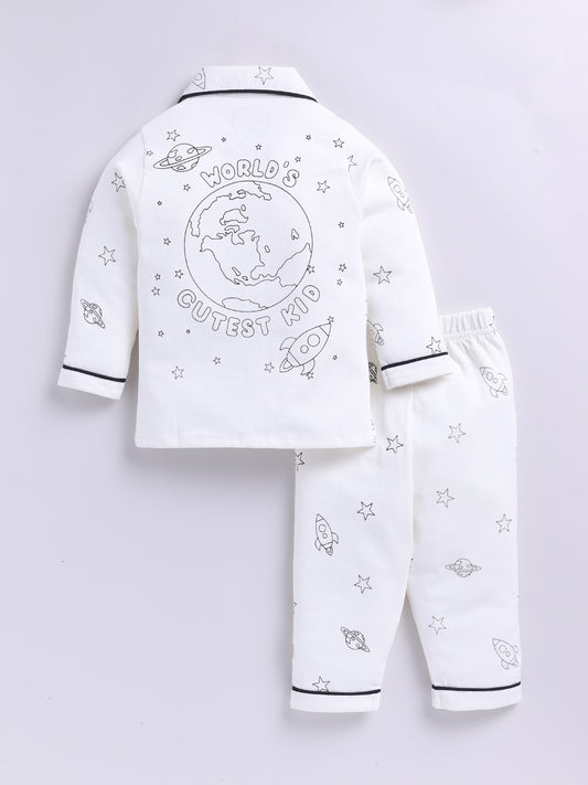 Off-white Cotton Knitted Typography Full Sleeve Night Suit