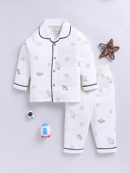 Off-white Cotton Knitted Typography Full Sleeve Night Suit