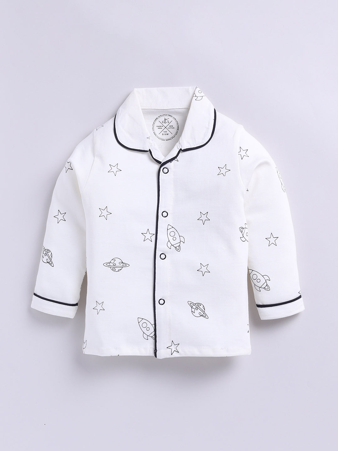 Off-white Cotton Knitted Typography Full Sleeve Night Suit