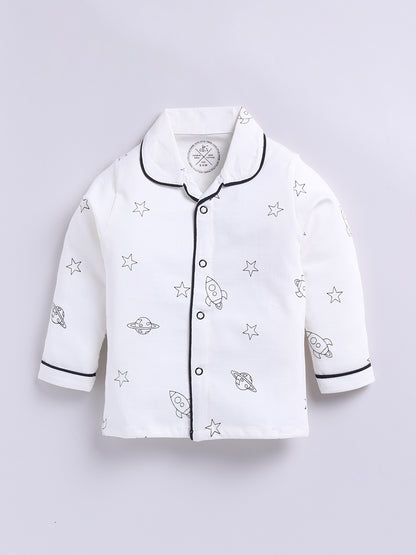 Off-white Cotton Knitted Typography Full Sleeve Night Suit