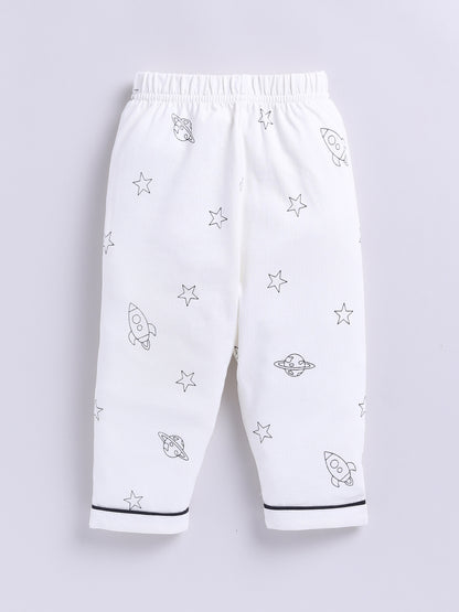 Off-white Cotton Knitted Typography Full Sleeve Night Suit