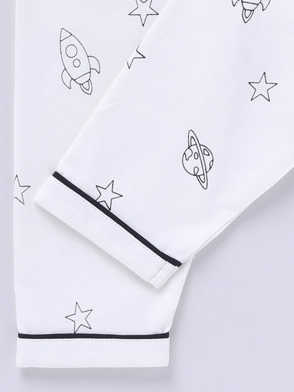 Off-white Cotton Knitted Typography Full Sleeve Night Suit