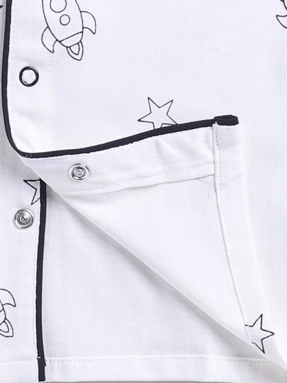 Off-white Cotton Knitted Typography Full Sleeve Night Suit