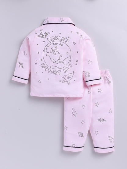 Pink Cotton Knitted Typography Full Sleeve Night Suit
