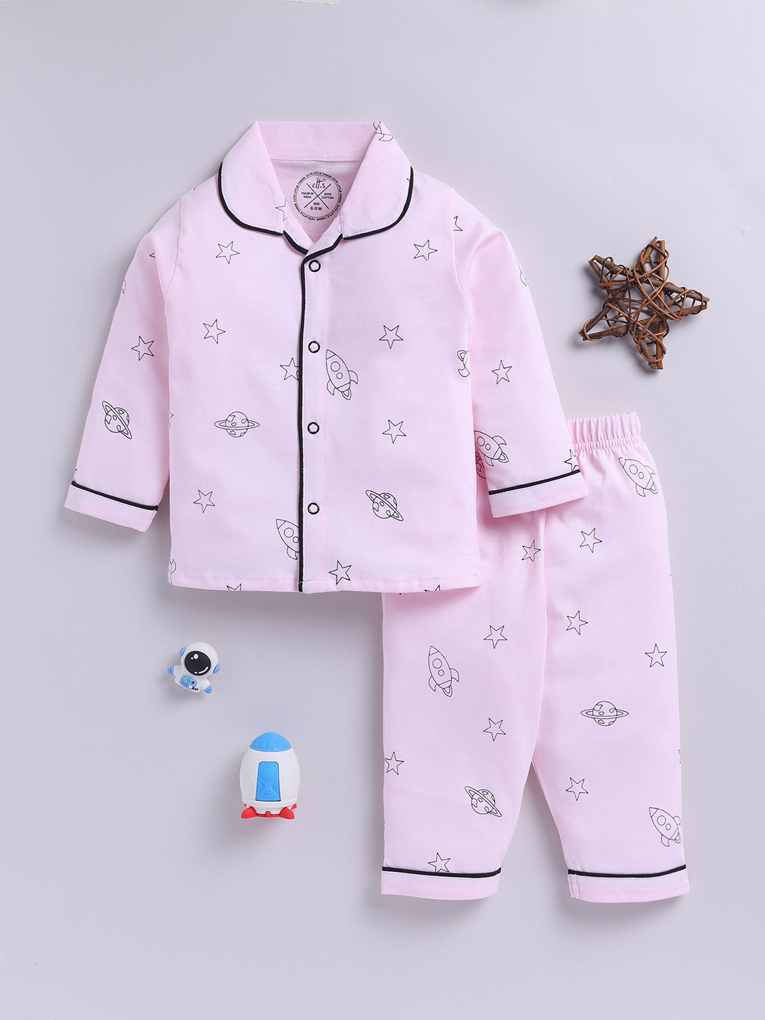 Pink Cotton Knitted Typography Full Sleeve Night Suit