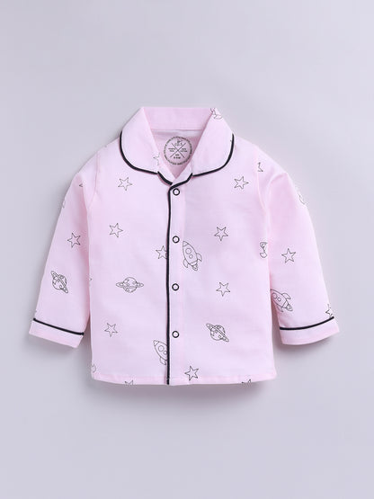 Pink Cotton Knitted Typography Full Sleeve Night Suit