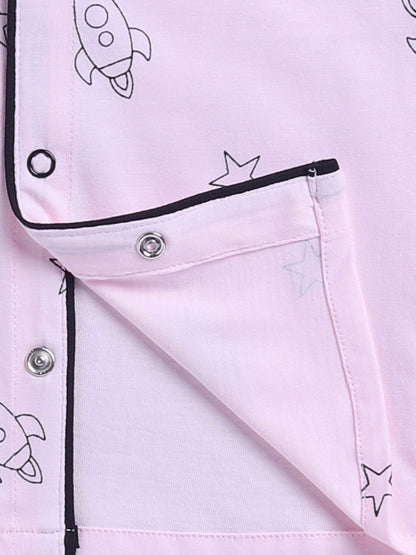 Pink Cotton Knitted Typography Full Sleeve Night Suit