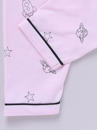 Pink Cotton Knitted Typography Full Sleeve Night Suit