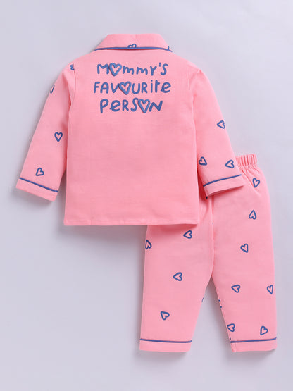 Pink Hearts Cotton Knitted Full Sleeve Night Suit