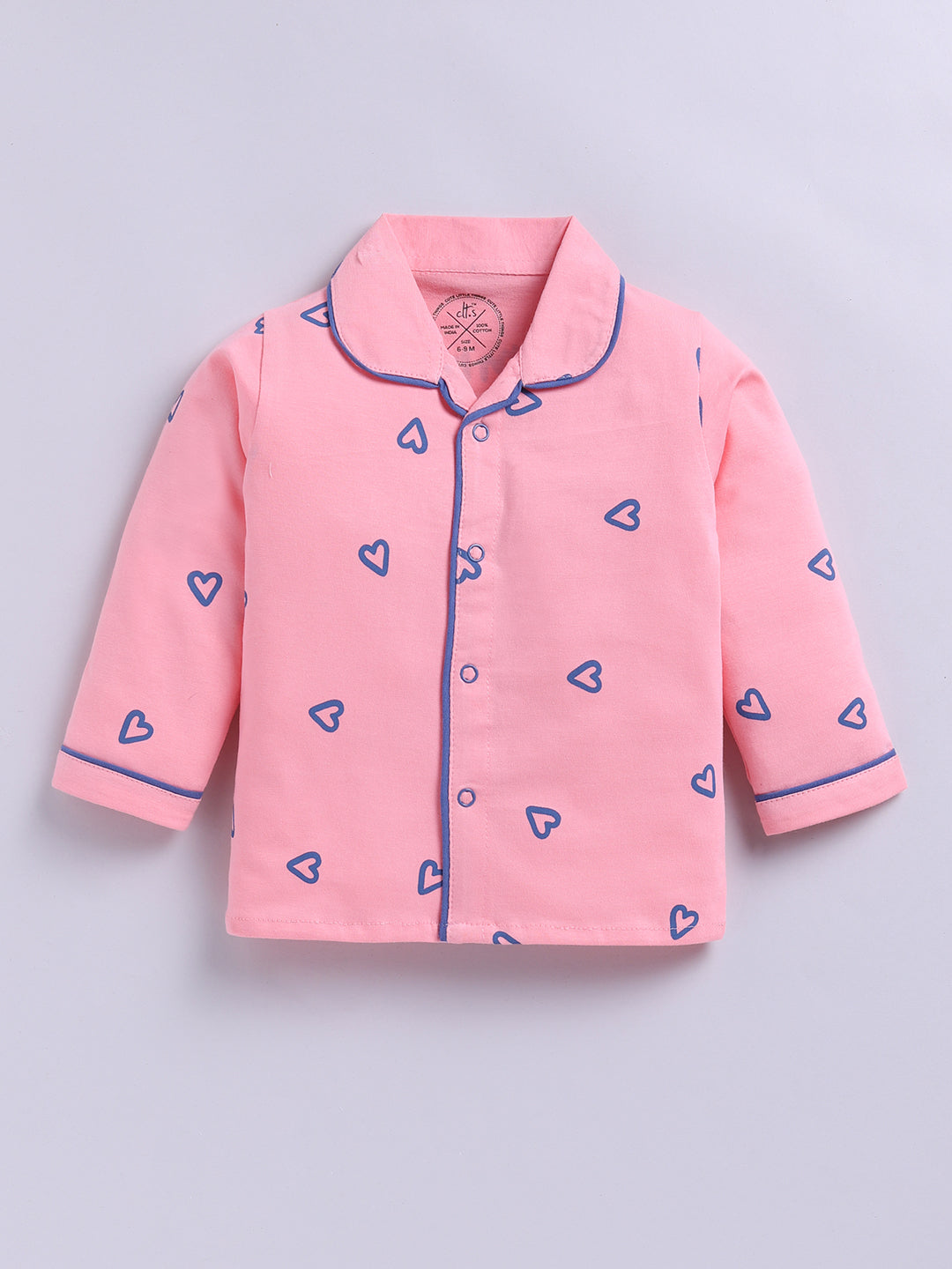 Pink Hearts Cotton Knitted Full Sleeve Night Suit