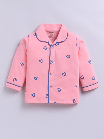 Pink Hearts Cotton Knitted Full Sleeve Night Suit