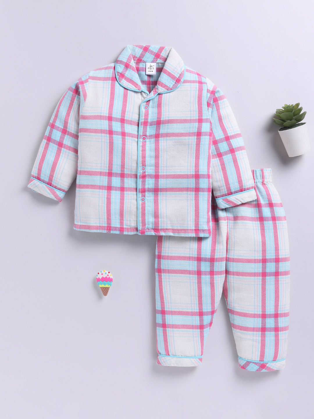 Blue Cotton Woven Checked Full Sleeve Night Suit