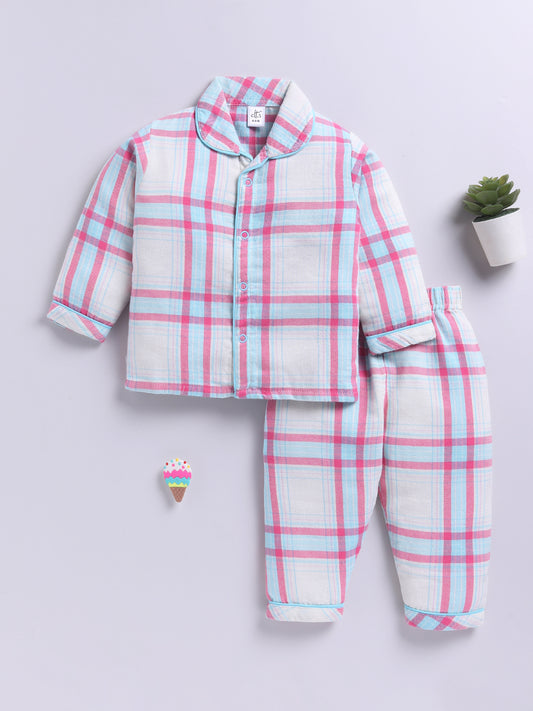 Blue Cotton Woven Checked Full Sleeve Night Suit