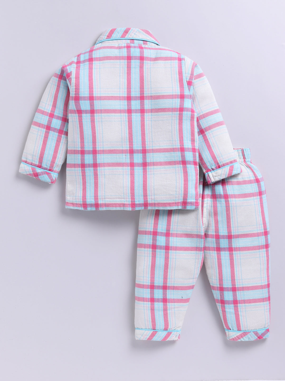 Blue Cotton Woven Checked Full Sleeve Night Suit