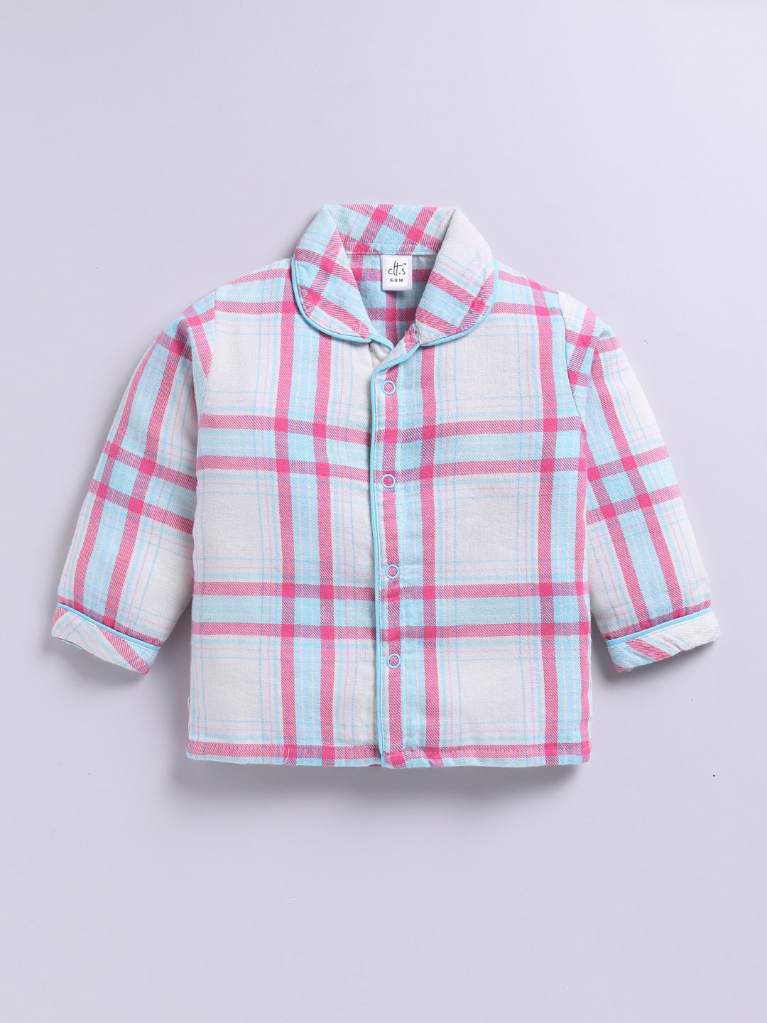 Blue Cotton Woven Checked Full Sleeve Night Suit