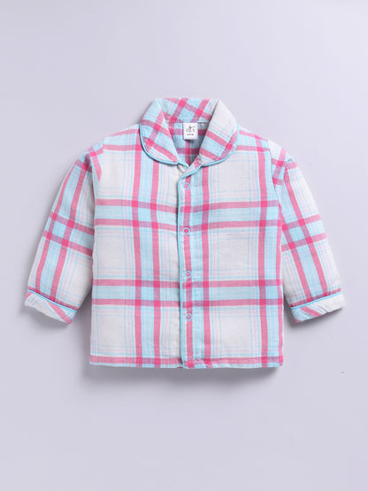 Blue Cotton Woven Checked Full Sleeve Night Suit