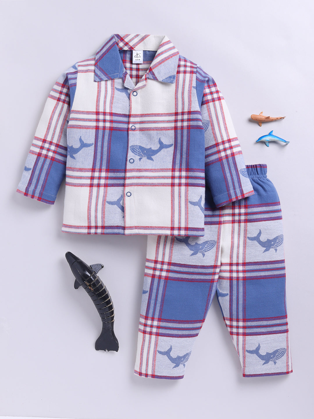 Blue Checked with Shark Print Flannel Full Sleeve Night Suit