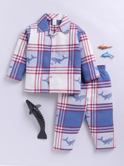 Blue Checked with Shark Print Flannel Full Sleeve Night Suit