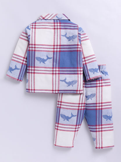 Blue Checked with Shark Print Flannel Full Sleeve Night Suit