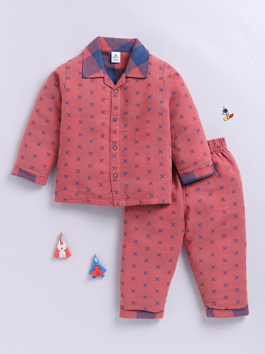 Rust Cotton Woven Graphic Full Sleeve Night Suit