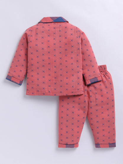 Rust Cotton Woven Graphic Full Sleeve Night Suit