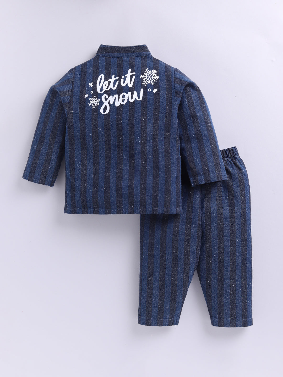 "Let it Snow" Denim Winter Theme Blue Striped Full Sleeve Night Suit