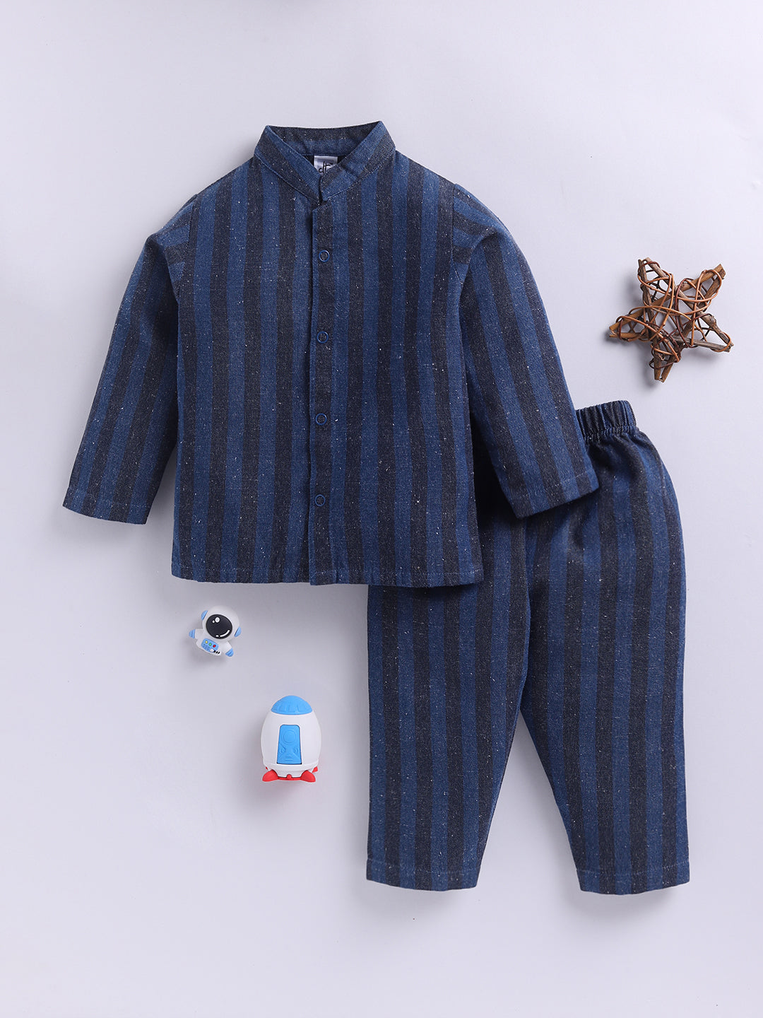 "Let it Snow" Denim Winter Theme Blue Striped Full Sleeve Night Suit