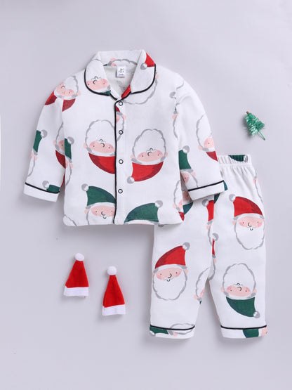 'Christmas' Theme White Cotton Full Sleeve Night Suit