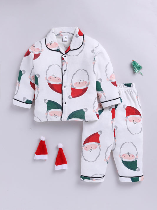 'Christmas' Theme White Cotton Full Sleeve Night Suit
