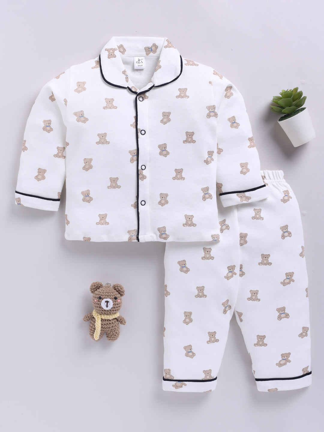Off-white Cotton Knitted Teddy Full Sleeve Night Suit