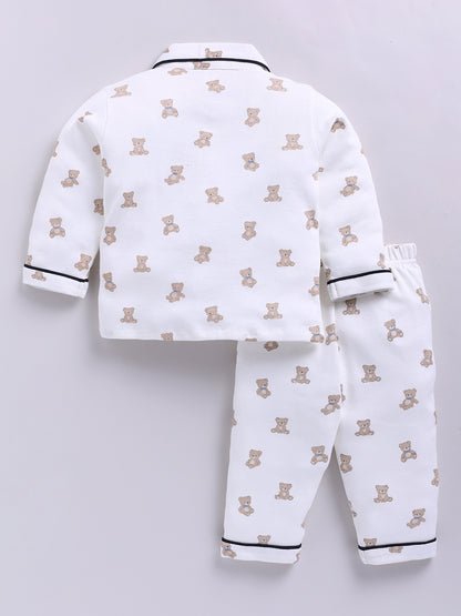 Off-white Cotton Knitted Teddy Full Sleeve Night Suit