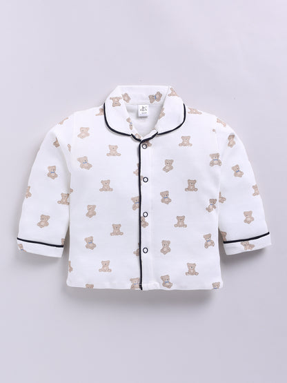 Off-white Cotton Knitted Teddy Full Sleeve Night Suit