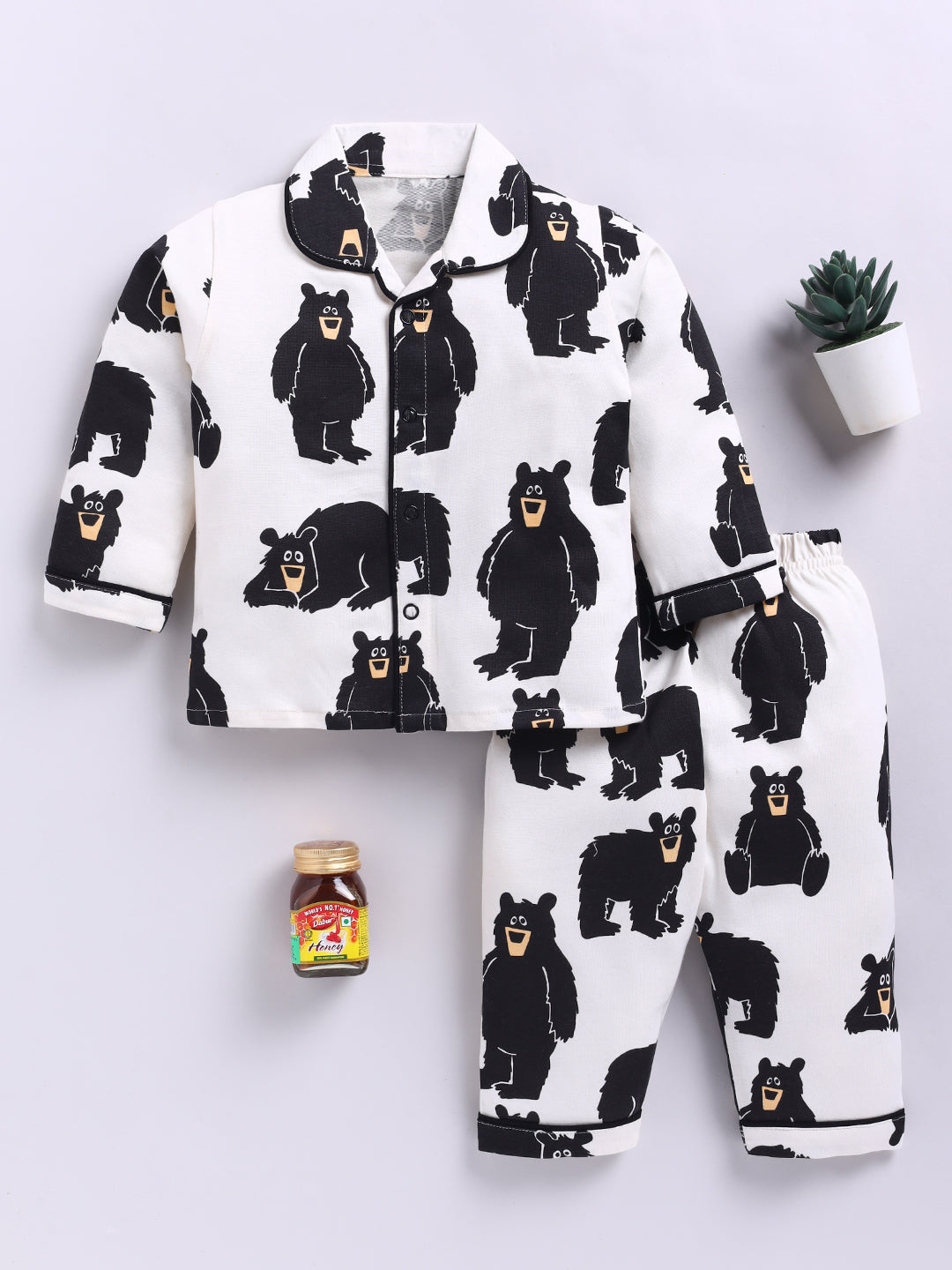 Bear Print Cream Cotton Knitted Full Sleeve Night Suit
