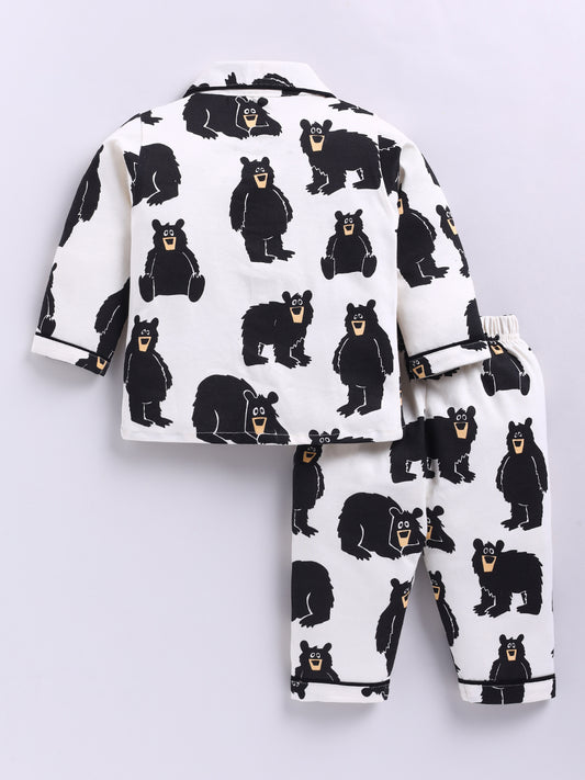 Bear Print Cream Cotton Knitted Full Sleeve Night Suit