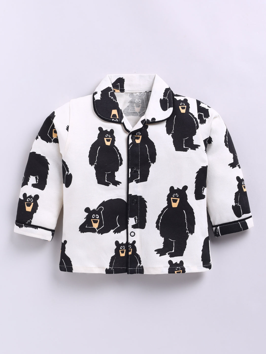 Bear Print Cream Cotton Knitted Full Sleeve Night Suit