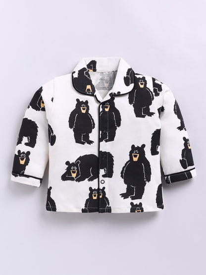 Bear Print Cream Cotton Knitted Full Sleeve Night Suit