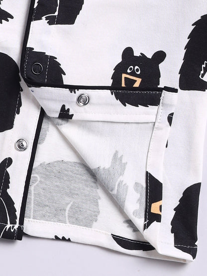 Bear Print Cream Cotton Knitted Full Sleeve Night Suit