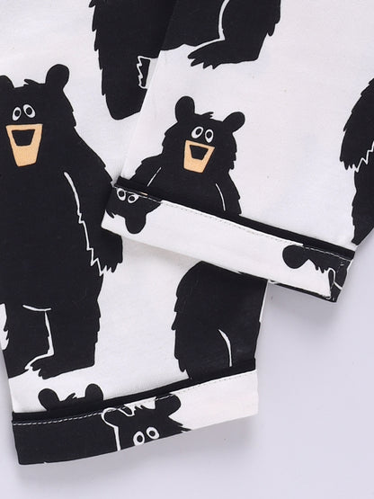 Bear Print Cream Cotton Knitted Full Sleeve Night Suit