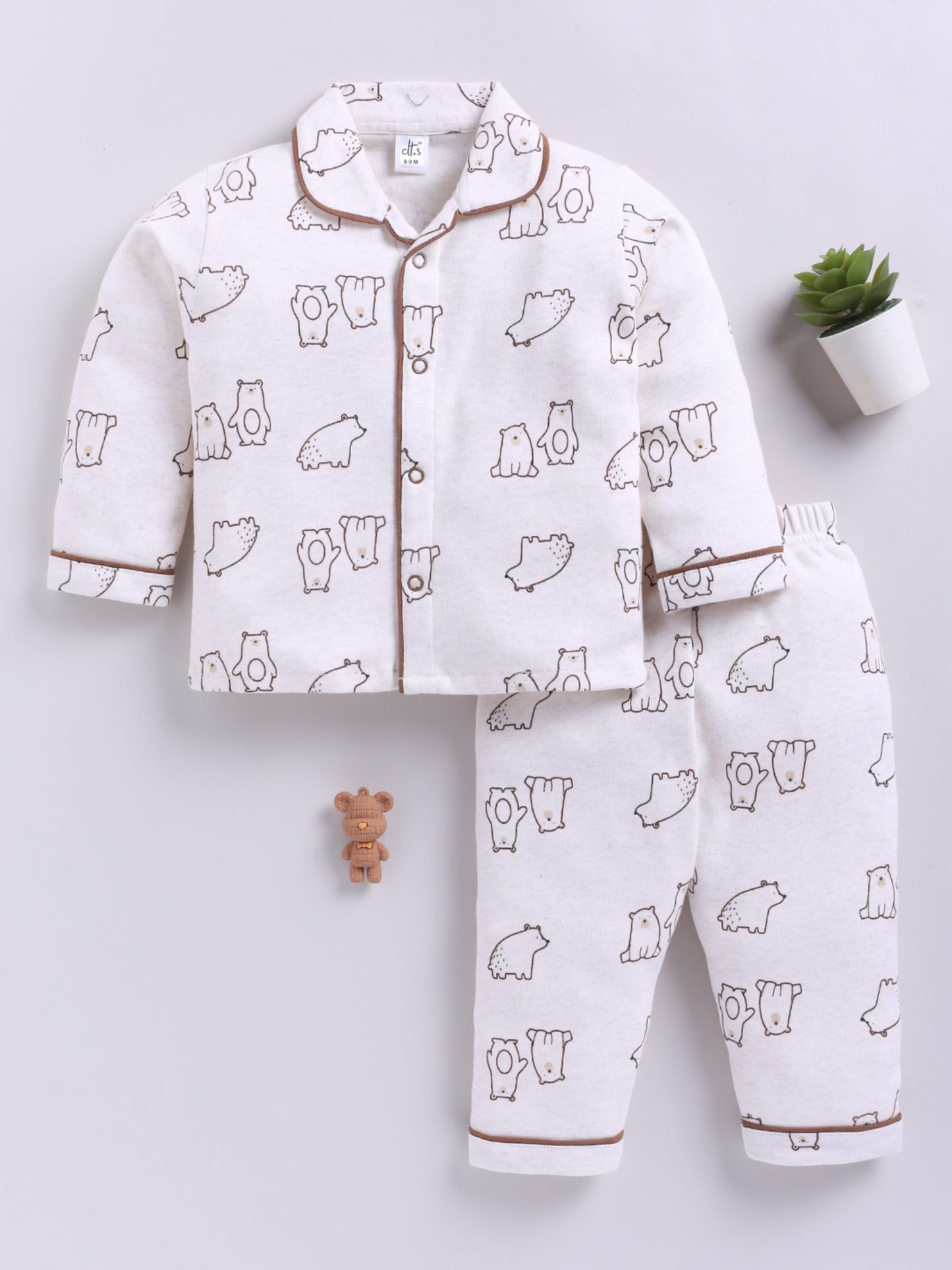 Bear Printed Brown Cotton Full Sleeve Night Suit