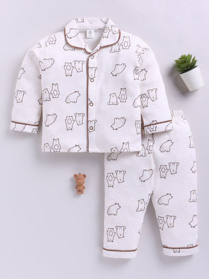 Bear Printed Brown Cotton Full Sleeve Night Suit