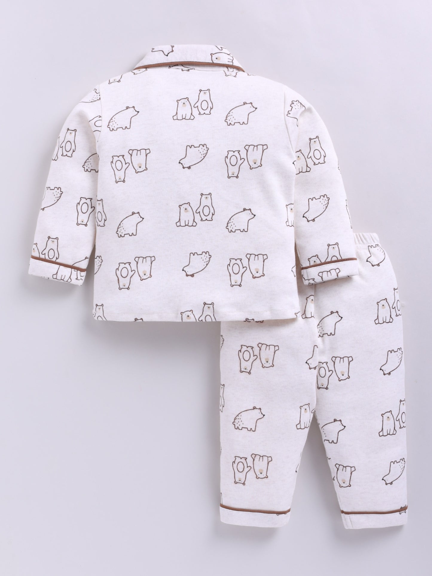 Bear Printed Brown Cotton Full Sleeve Night Suit