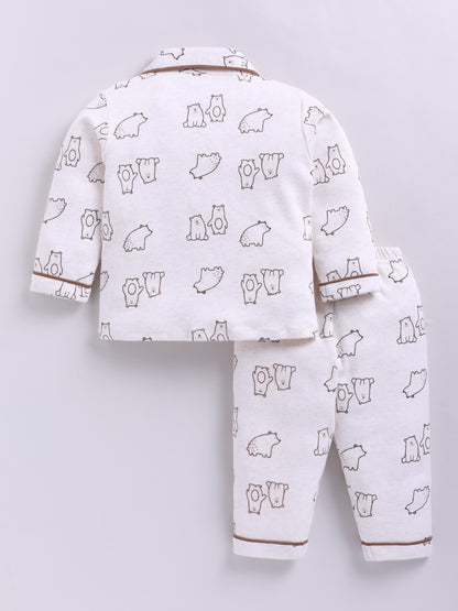 Bear Printed Brown Cotton Full Sleeve Night Suit